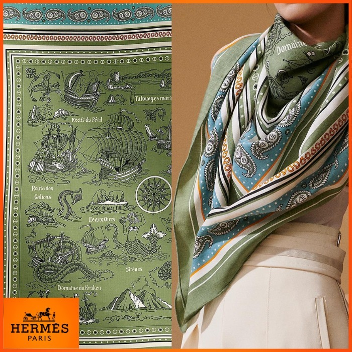 大人気♪ HERMES カレジェアン140 船乗りのタトゥー・バンダナ スカーフ