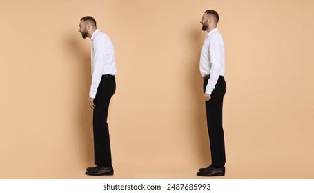 姿勢改善 姿勢矯正 猫背 ストレートネック 骨盤後傾 骨盤前傾の日本人男性のイラスト 全身横向きのイラスト素材113679221- PIXTA