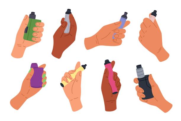 男性の手はタバコとライターを握り,電子タバコは人間の手で火の炎でライターを燃やしています.タバコを吸う人々は,手でライターガスの適切なベクトルセットです.イラストPremiumベクトル素材