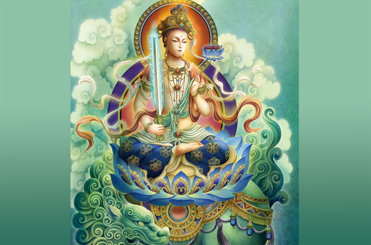 仏像 木彫 文殊菩薩 祥雲光背 財前彫刻 仏壇仏像 ご利益 縁結び 福運 仏像 智慧の