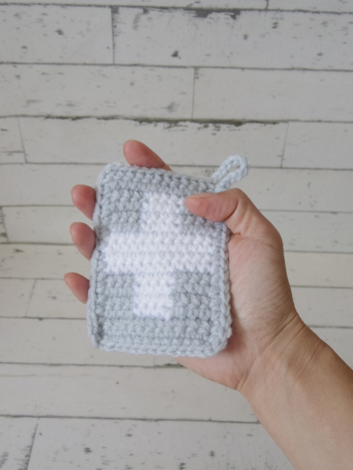 こま編みと長編みで作る＊ボーダーのエコたわしの編み方 編み図あり くすり星