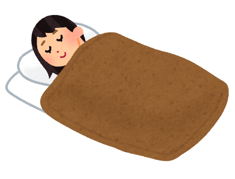 布団に包まり二度寝する若い女性のフリーイラスト画像素材 商用無料アイキャッチャ