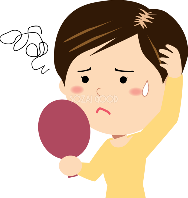 ヘアケア頭頂部の薄毛や髪の白髪も目立ち、困った顔のシンプルなベクトルで可愛い女性イラストヘアケア。頭のてっぺんに薄毛 、生え際の端に白髪のきれいな女性が目立ちにくい。単純のイラスト素材・ベクター Image 171671624