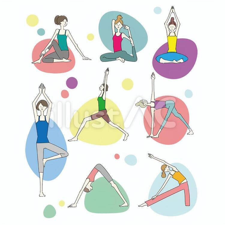 足首のストレッチコンセプトでのトレーニングのための7つのヨガのポーズ またはアーサナの姿勢。体を伸ばすために運動する女性。フィットネスのインフォグラフィック。フラット漫画ベクトルのイラスト素材・ベクター Image176609307