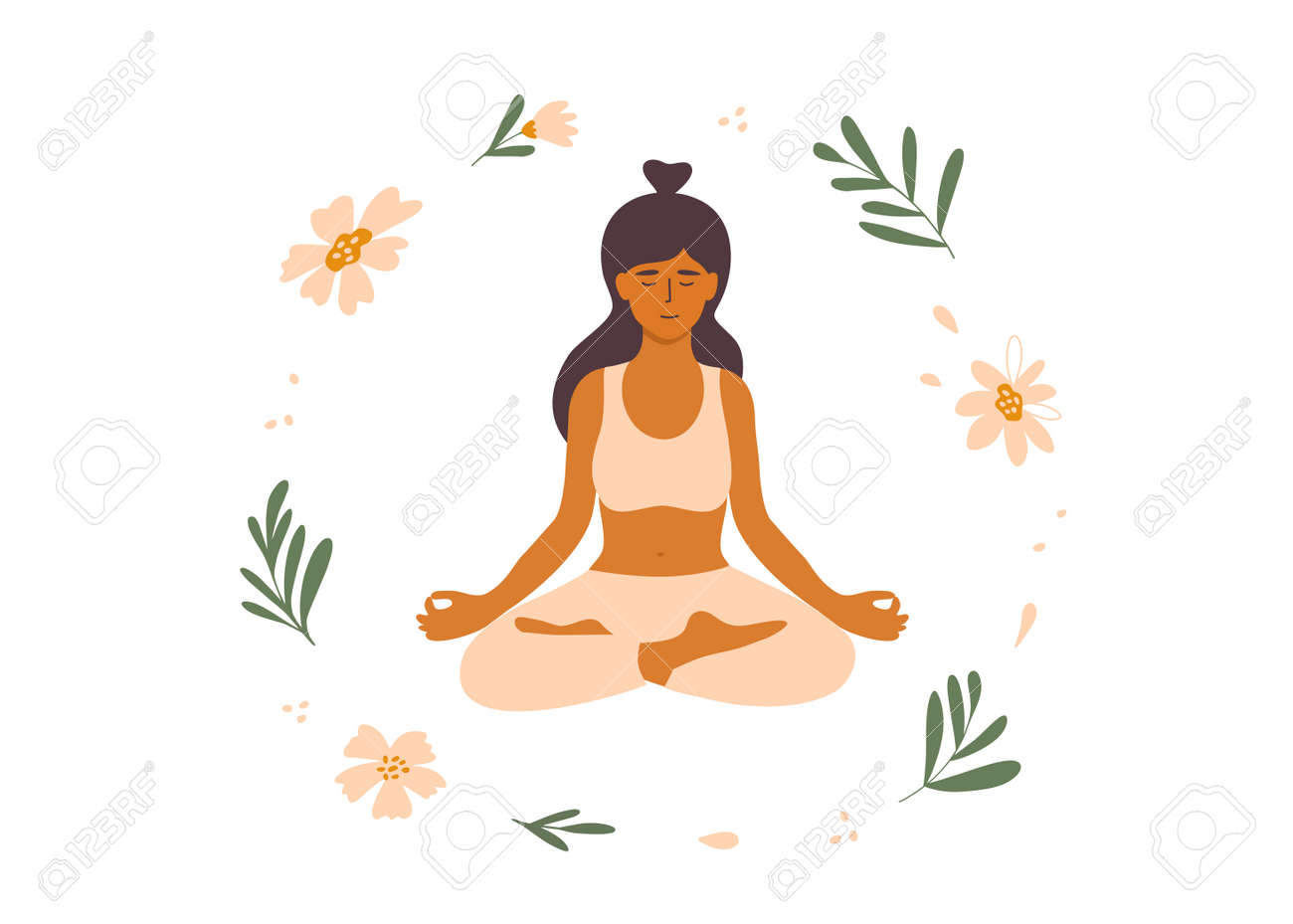 瞑想する女性、蓮のポーズでヨガのアーサナを行う穏やかな女性キャラクター。禅、自然との融合、健康的なライフスタイルのリラクゼーション感情的なバランスと調和のコンセプト。漫画の人々のベクターイラストのベクター– Unsplashのヨーガの画像