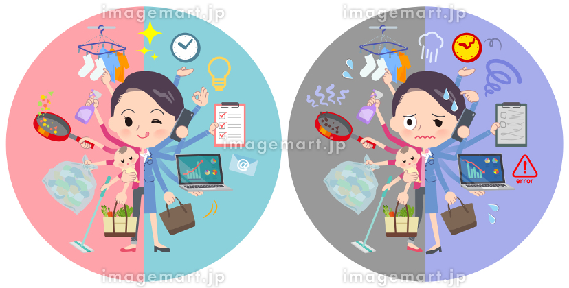 ワンオペ育児のママパパたちイラスト