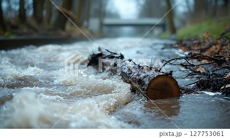 茶色の濁った水の川の急流汚れた川水の中の石嵐の川Premium写真