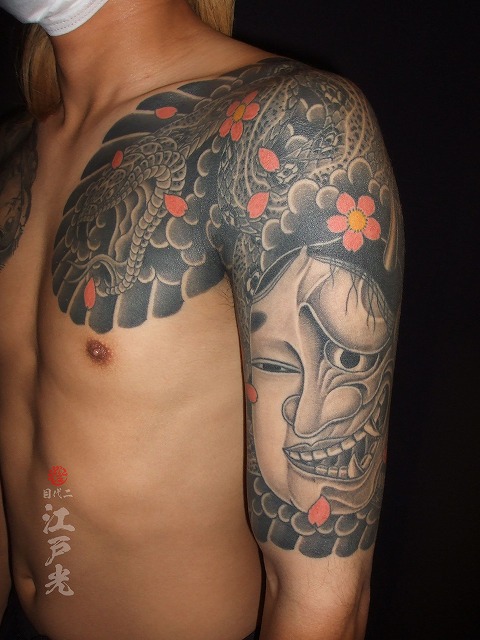 般若面とおかめ。Hannya x Okame 般若刺青彫れおタトゥー名古屋彫師タトゥーアートデザインhorileotattoojapanesetattooarttattoonagoyaタトゥースタジオタトゥースタジオ大須三重タトゥーlibertytattoostudioleotattoo